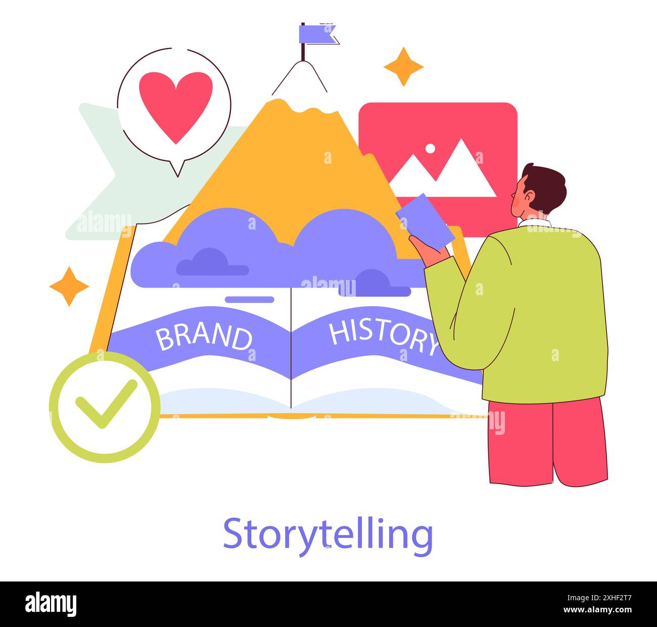 Concept d'authenticité de marque. Narration engageante illustrant un parcours d'évolution de la marque. Confiance, amour et histoire dans le storytelling de marque. Illustration vectorielle. Illustration de Vecteur