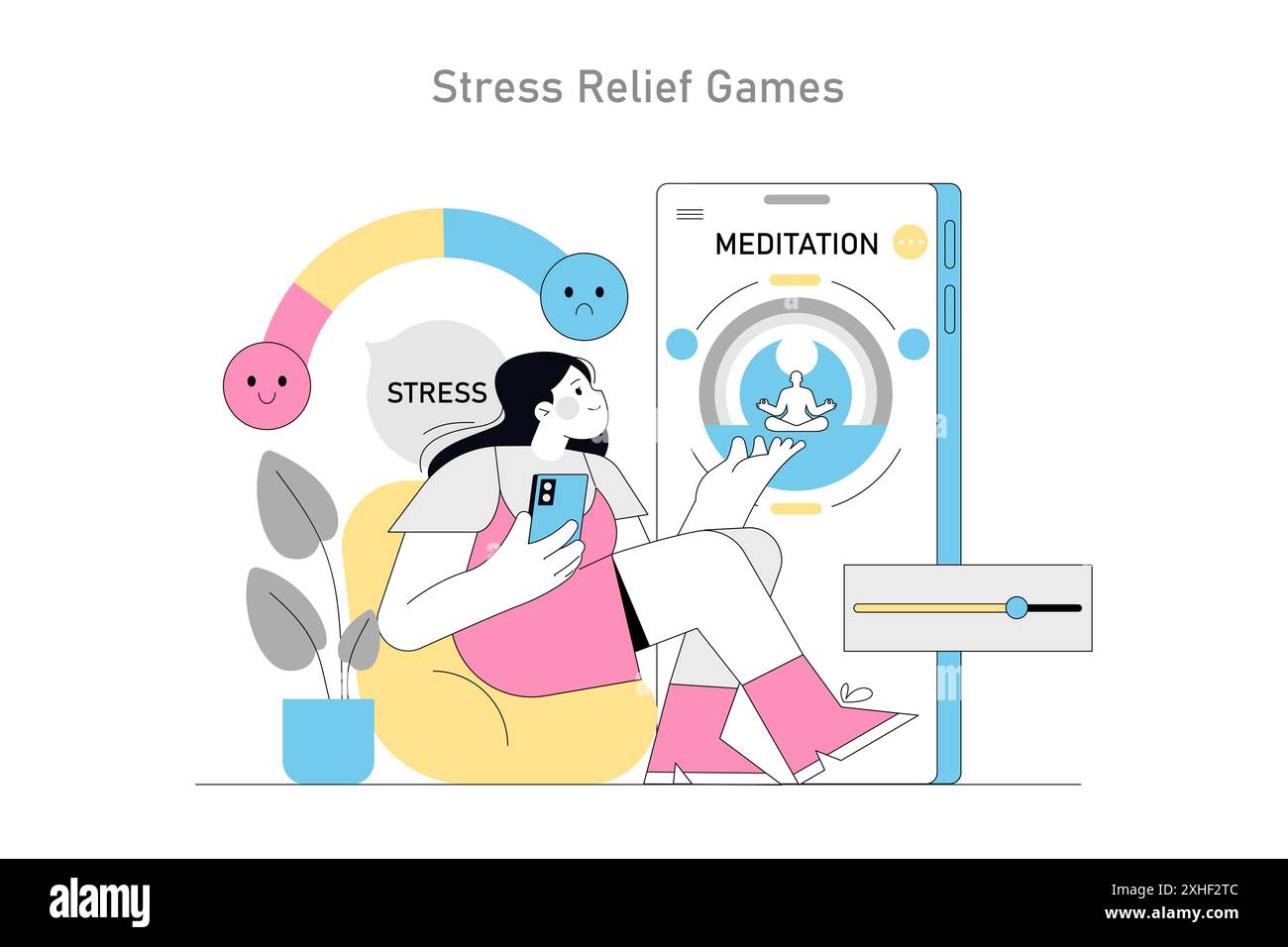 La gamification dans l'illustration psychothérapeutique. Une femme s'engage avec une application de méditation, trouvant la paix parmi les indicateurs de stress. Illustration vectorielle. Illustration de Vecteur