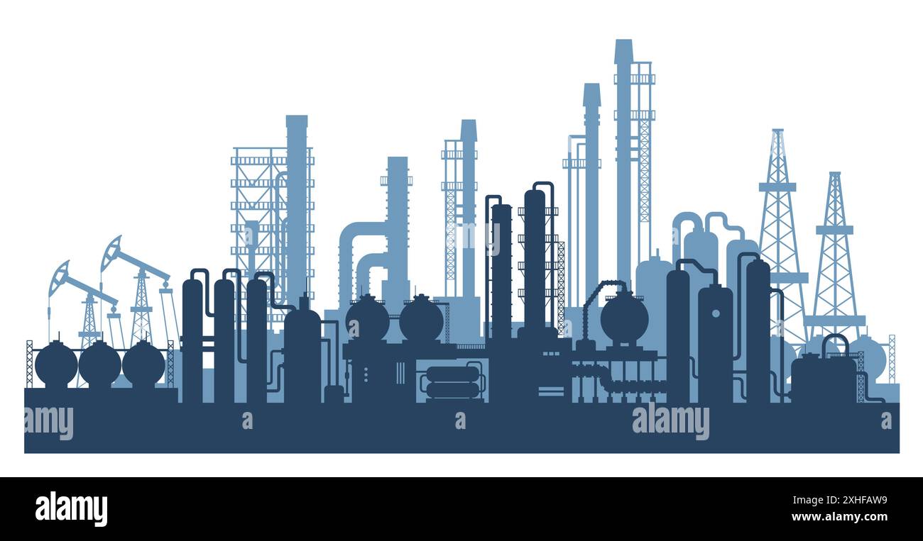Fond de silhouette d'usines industrielles. Complexe de raffinerie de pétrole avec tuyaux et réservoirs de production de gaz. Illustration de Vecteur