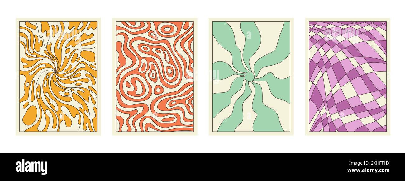 Ensemble de motifs psychédéliques de dessin animé groovy. Rayures ondulées abstraites artistiques rétro et figures irrégulières, soleil avec rayons radiaux et liquide dans la collection de fonds des années 70 années 80 illustration vectorielle de style Illustration de Vecteur