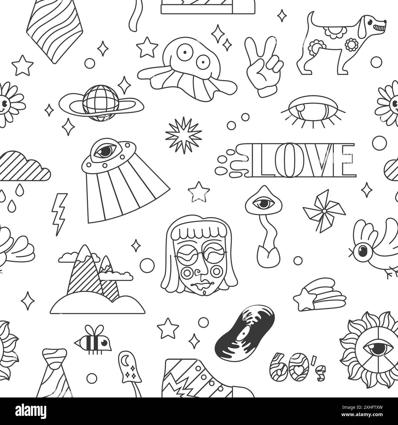 Drôle d'OVNI rétro volant sur l'arc-en-ciel, mot amour, émoticônes déformées. Fond cool de l'illustration vectorielle des années 70 des années 60. Motif sans couture psychédélique de ligne de contour groovy avec emoji hippy et personnages. Illustration de Vecteur