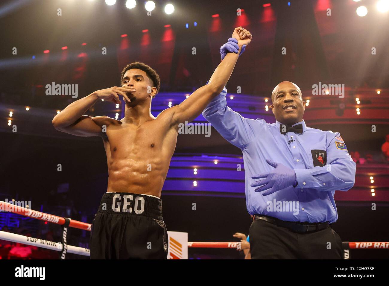 13 juillet 2024 : (l) Jonathan Lopez gagne par Ko lors de son Junior Lightweight Fight à l'intérieur du Pearl concert Theater au Palms Casino Resort à Las Vegas le 13 juillet 2024 à Las Vegas, Nevada. Christopher Trim/CSM. Banque D'Images