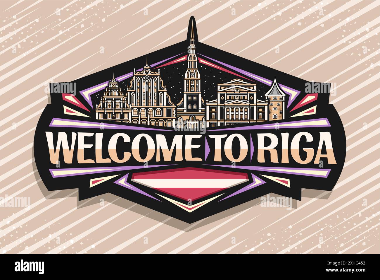 Logo vectoriel pour Riga, étiquette décorative noire avec illustration de contour du célèbre paysage de ville européenne de riga sur fond de ciel nocturne, design d'art au trait Illustration de Vecteur