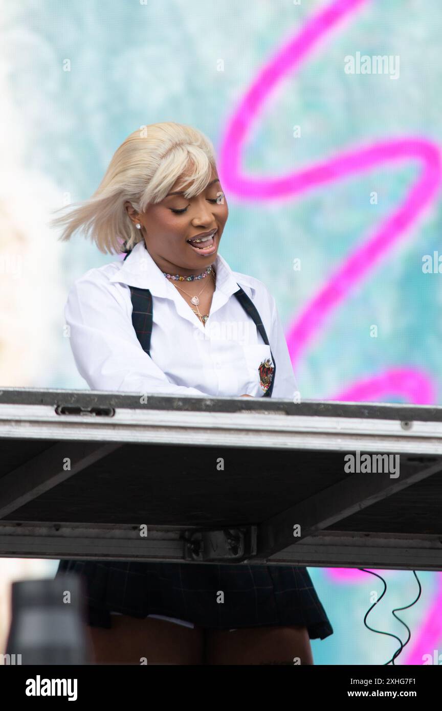 Londres, Royaume-Uni. 14 juillet 2024. Oncle Waffles réchauffe la foule pour la dernière journée du festival sans fil sur la scène principale. Cristina Massei/Alamy Live News Banque D'Images