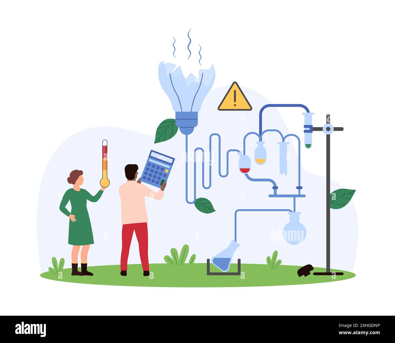 Erreur dans la recherche scientifique, échec de l'expérience de laboratoire chimique, difficulté ou danger d'innovation. De minuscules personnes cassent des tubes à essai en verre et des flacons pour apprendre des erreurs d'illustration vectorielle de dessin animé Illustration de Vecteur