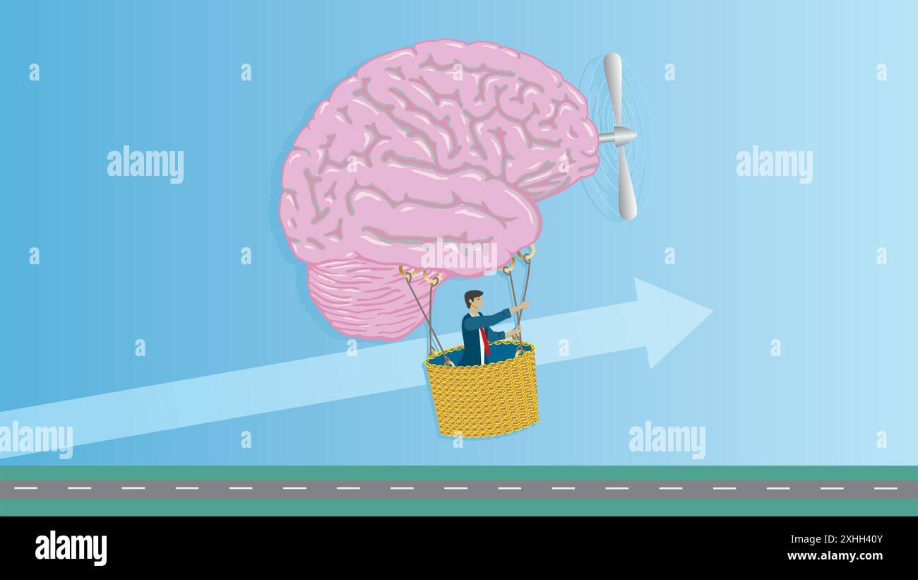 Homme volant une montgolfière faite de cerveau avec hélice. Détermination et objectifs. Dimension 16:9. Illustration vectorielle. Illustration de Vecteur