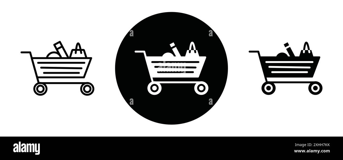 Chariot avec icône de produit vecteur d'art de ligne noire en noir et blanc contour set signe de collection Illustration de Vecteur