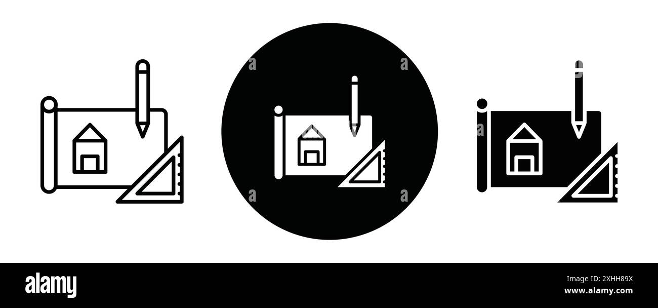Icône de plan de construction vecteur d'art de ligne noire en noir et blanc contour set signe de collection Illustration de Vecteur