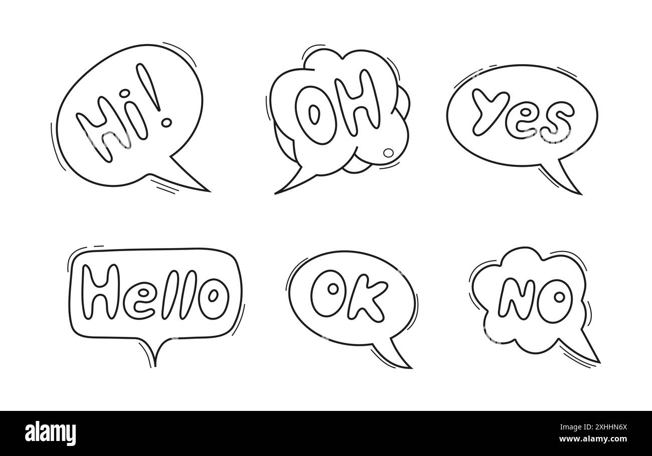 Ensemble d'icônes de parole bulle avec des mots comme non, OK, bonjour, et oh. Ces bulles amusantes et fantaisistes style SMS Illustration de Vecteur
