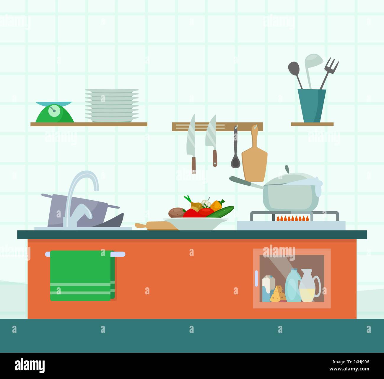 ustensiles de cuisine. espace ouvert de la salle de fond pour la préparation des aliments Illustration de Vecteur