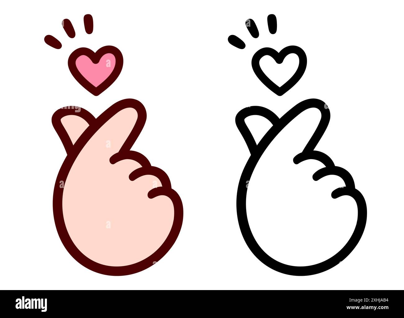 Main de style Kawaii Chibi faisant geste de coeur de doigt. Icône de ligne noir et blanc et dessin en couleur. Illustration de clip art vectoriel de dessin animé mignon. Illustration de Vecteur