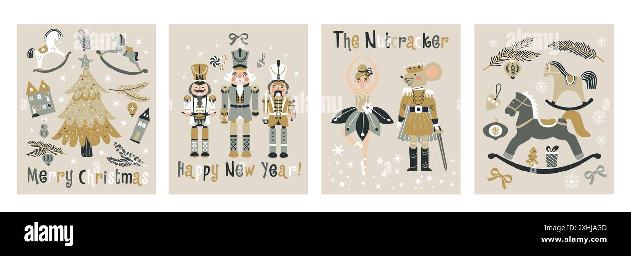 Bonne année Nutcrackers Vector bannières sur fond clair. Carte postale. Chevaux à bascule enfantins. Illustration de Noël. Illustration de Vecteur