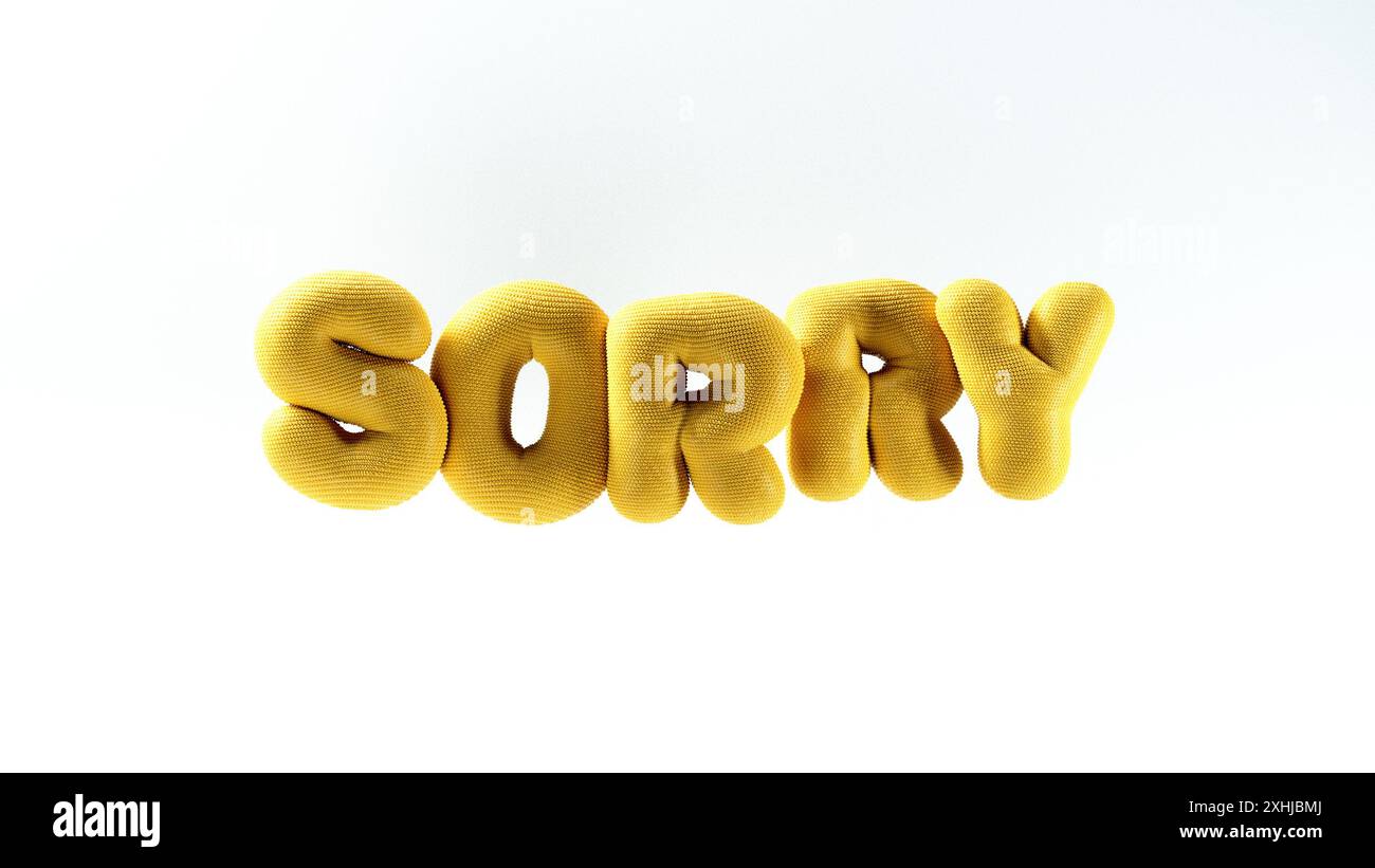 Rendu 3D du texte DÉSOLÉ sous la forme de ballons gonflés suspendus dans l'air avec du matériau en caoutchouc jaune sur fond clair Banque D'Images
