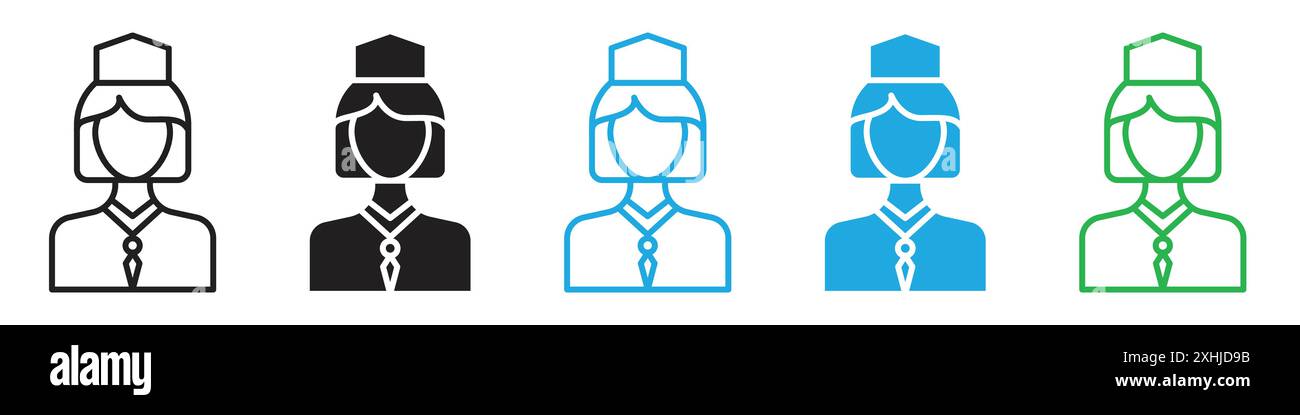 Icône hôtesse vecteur d'art de ligne noire en noir et blanc contour set signe de collection Illustration de Vecteur