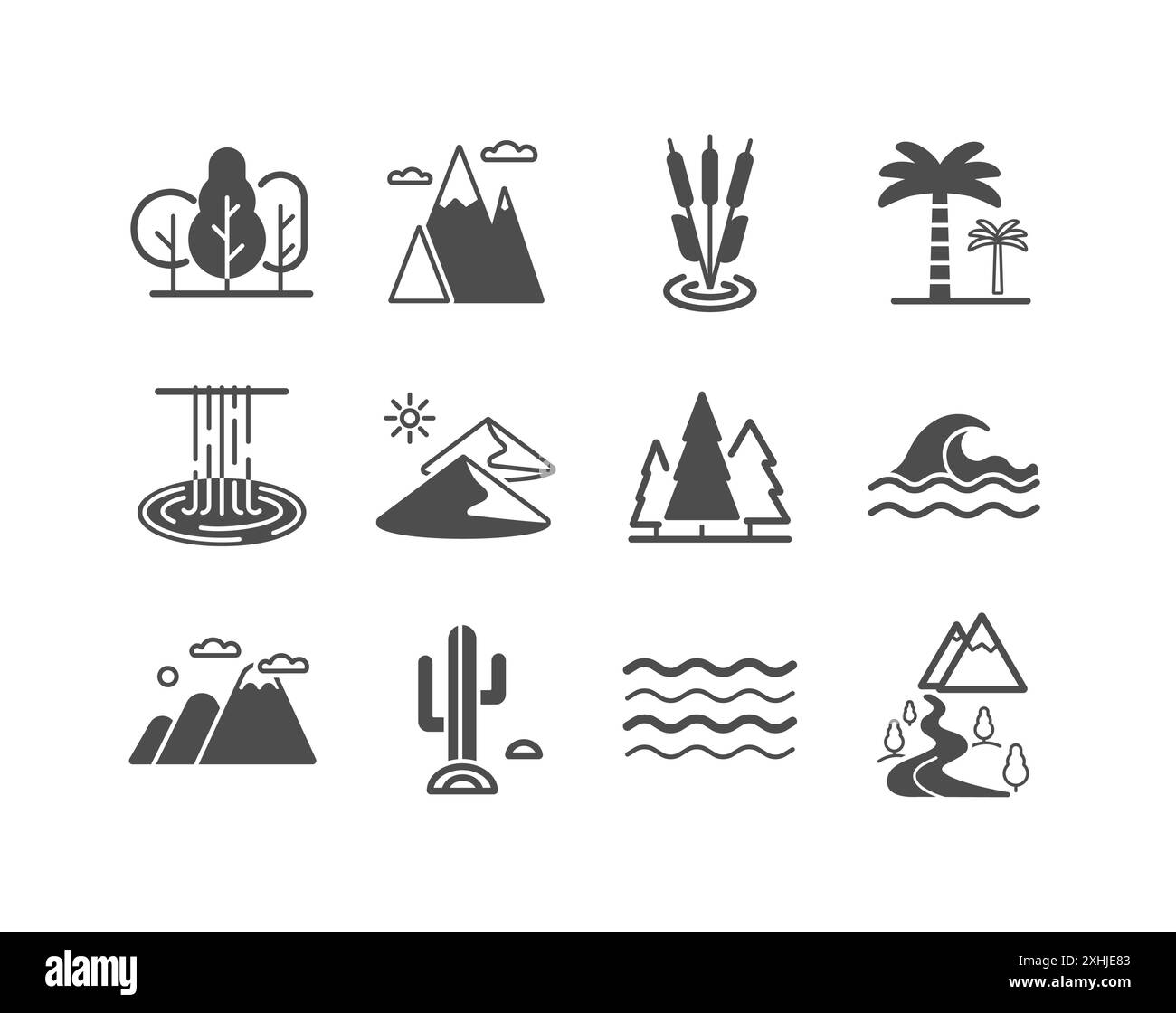 Vecteur nature isolé icônes ensemble. Désert, montagnes, forêt, rivière, mer, lac. Symbole graphique pour le site Web et les applications de voyage et de tourisme, design, logo, application Illustration de Vecteur