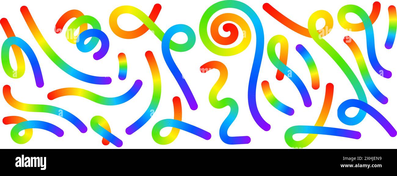 Ensemble de lignes courbes colorées arc-en-ciel isolées sur fond blanc. Froissures colorées fraîches, rayures, spirales et boucles dans le style spline. Figurines doodle organiques avec effet dégradé. Illustration vectorielle. Illustration de Vecteur