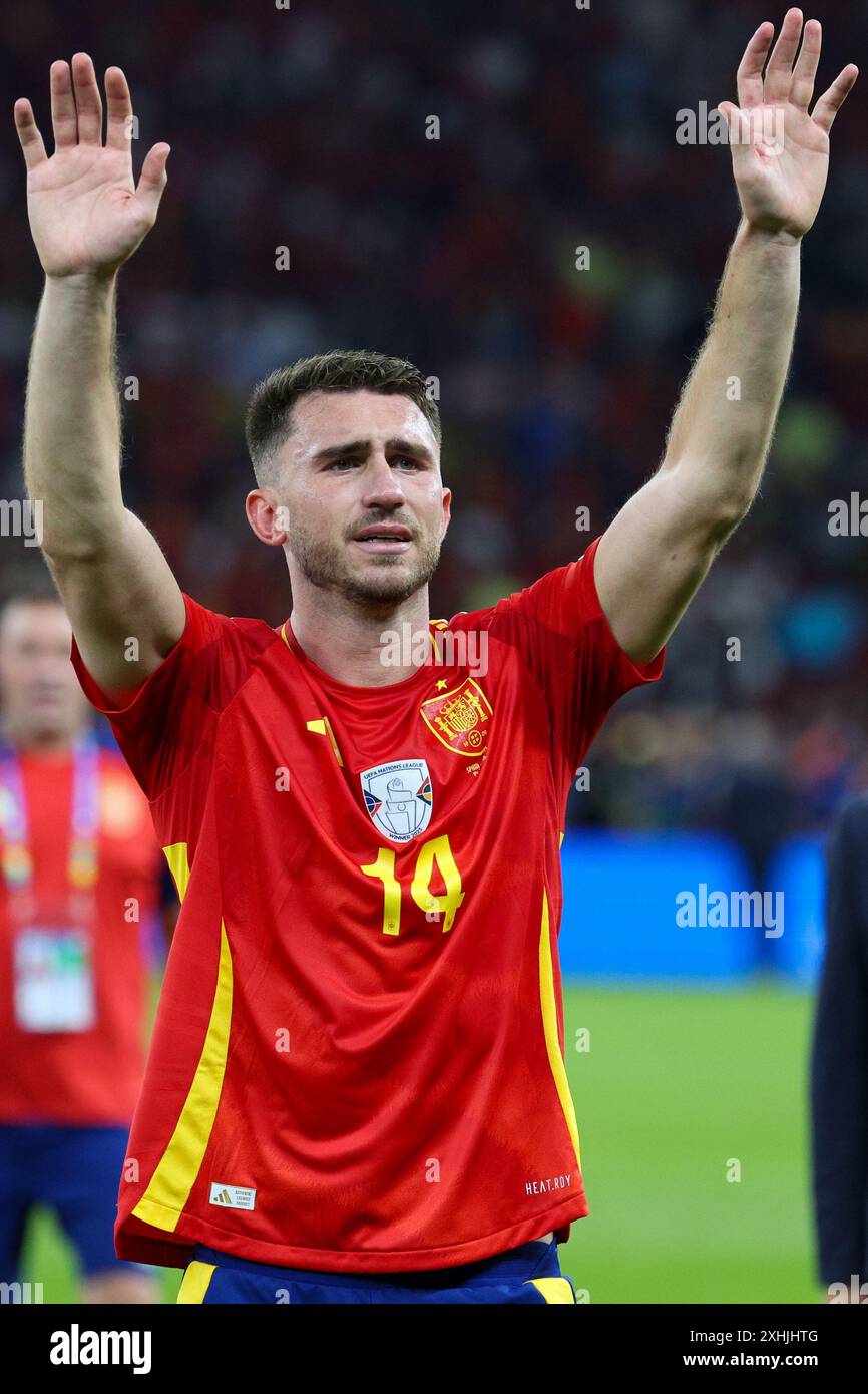 Berlin, Allemagne, 14 juillet 2024. Aymeric Laporte célèbre lors du match entre l'Espagne et l'Angleterre. UEFA Euro 2024 Allemagne. Correspondance finale. Banque D'Images