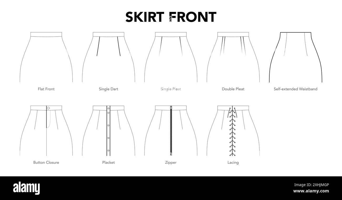 Ensemble de styles de jupe avant - plat, fléchette simple, double pli, fermeture à bouton, patte, illustration de mode technique de fermeture éclair. Vue avant du modèle de vêtement plat. Femme, homme unisexe CAD maquette isolé Illustration de Vecteur