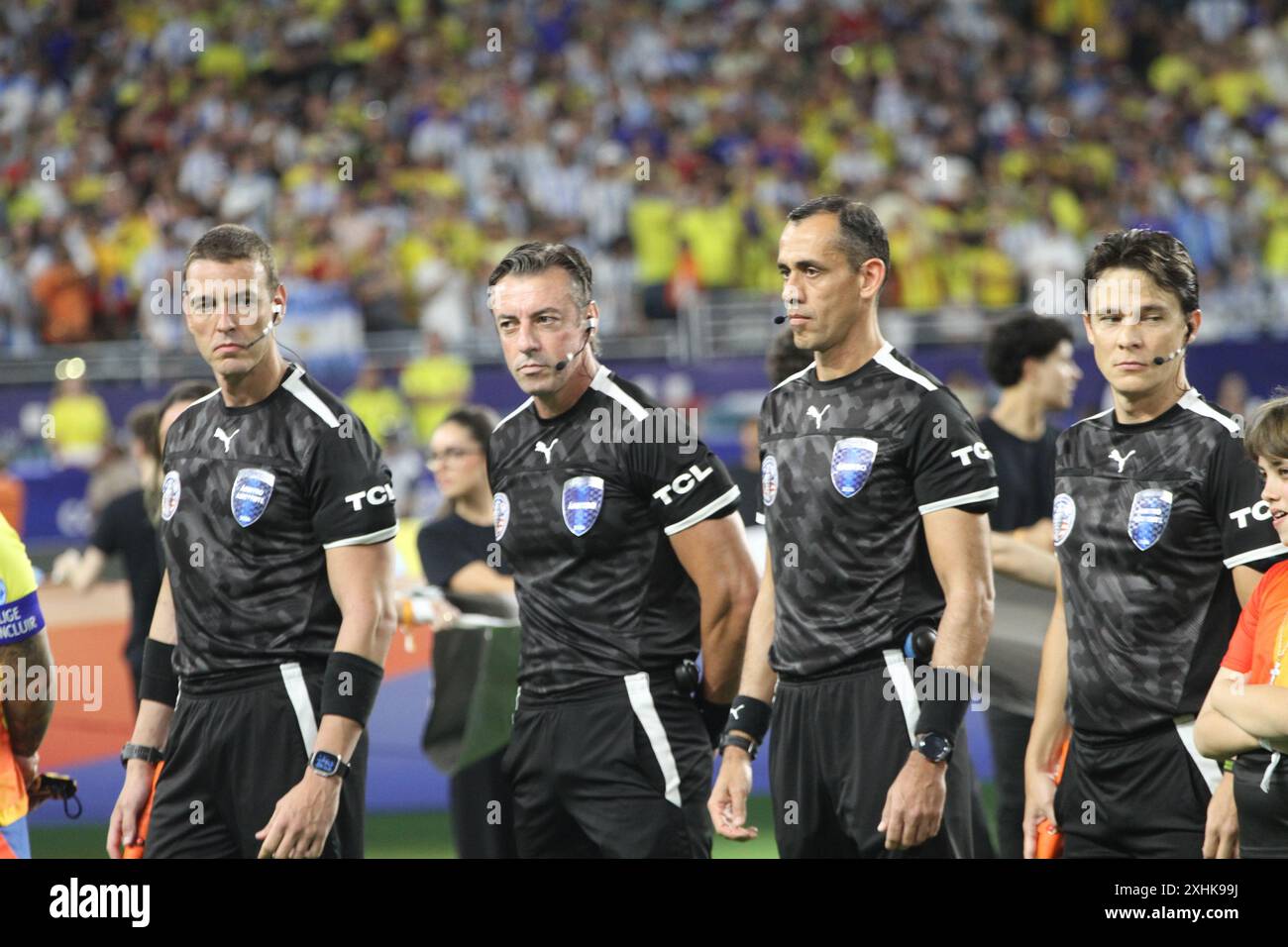 Miami, Floride, États-Unis. 14 juillet 2024. (SPO) Copa America 2024 final : Argentine vs Colombie . 14 juillet 2024, Miami, Floride, États-Unis : arbitre Claus, Raphael (Brésil).1Ã‚Â° Assistant : pires, Bruno Raphael (Brésil) 2Ã‚Â° Assistant : Correa, Rodrigo (Brésil) 4e arbitre : Benitez Mareco, Juan Gabriel (Paraguay) pour le match de football entre l'Argentine et la Colombie valable pour la finale du championnat Copa America 2024 au stade Hard Rock de Miami. Crédit : Niyi Fote/Thenews2 (crédit image : © Niyi Fote/TheNEWS2 via ZUMA Press Wire) USAGE ÉDITORIAL SEULEMENT! Non destiné à UN USAGE commercial ! Banque D'Images