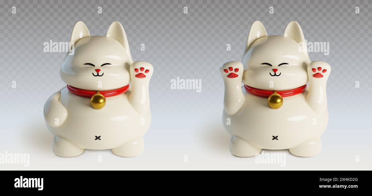 Chat chanceux traditionnel japonais et chinois avec geste de patte ondulante, collier rouge et médaillon doré. Ensemble réaliste d'illustration vectorielle 3d de sculpture de symbole animal de fortune de chance blanche maneki neko. Illustration de Vecteur