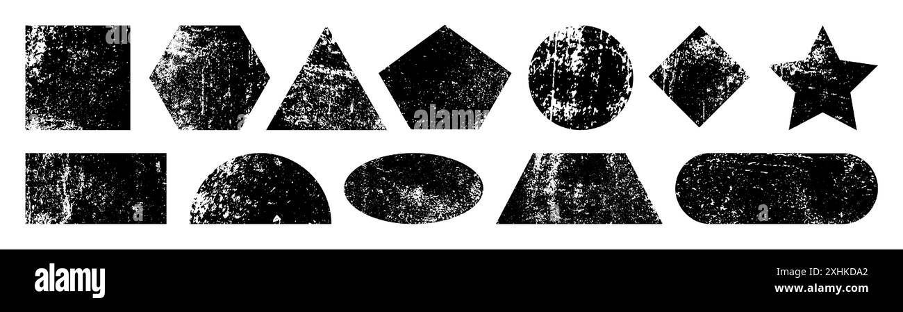 Estampilles. Formes d'encre rugueuses. Peinture rectangulaire typographique vintage ou triangle rustique gravé sur bois. Étoile noire. Grattez les étiquettes. Timbres d'affranchissement. Texture graphique Distress. Cadres géométriques. Jeu de signes vectoriels Illustration de Vecteur