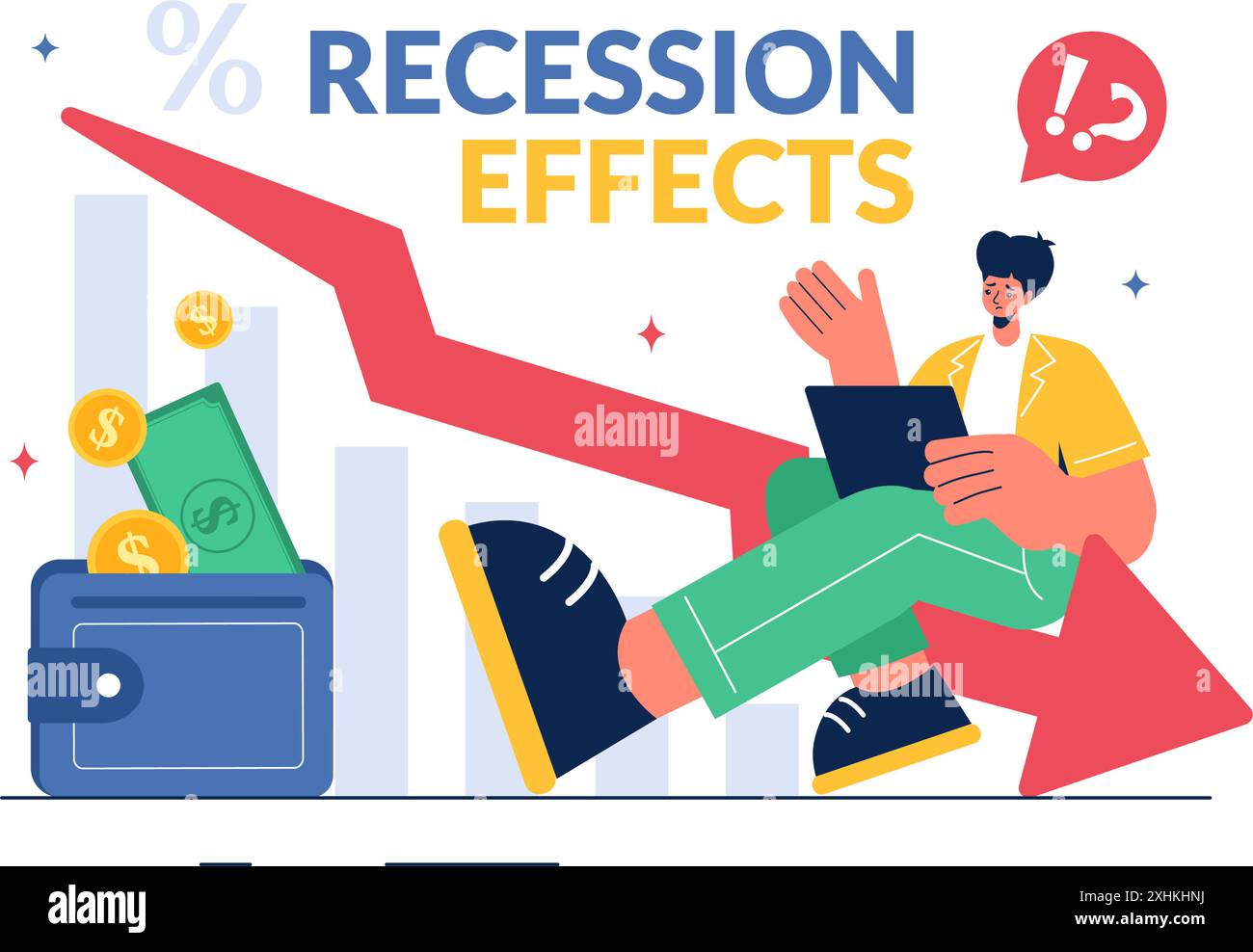 Illustration vectorielle des effets de la récession montrant l'impact sur la croissance économique et le déclin de l'activité économique avec un fond de caricature plat Illustration de Vecteur