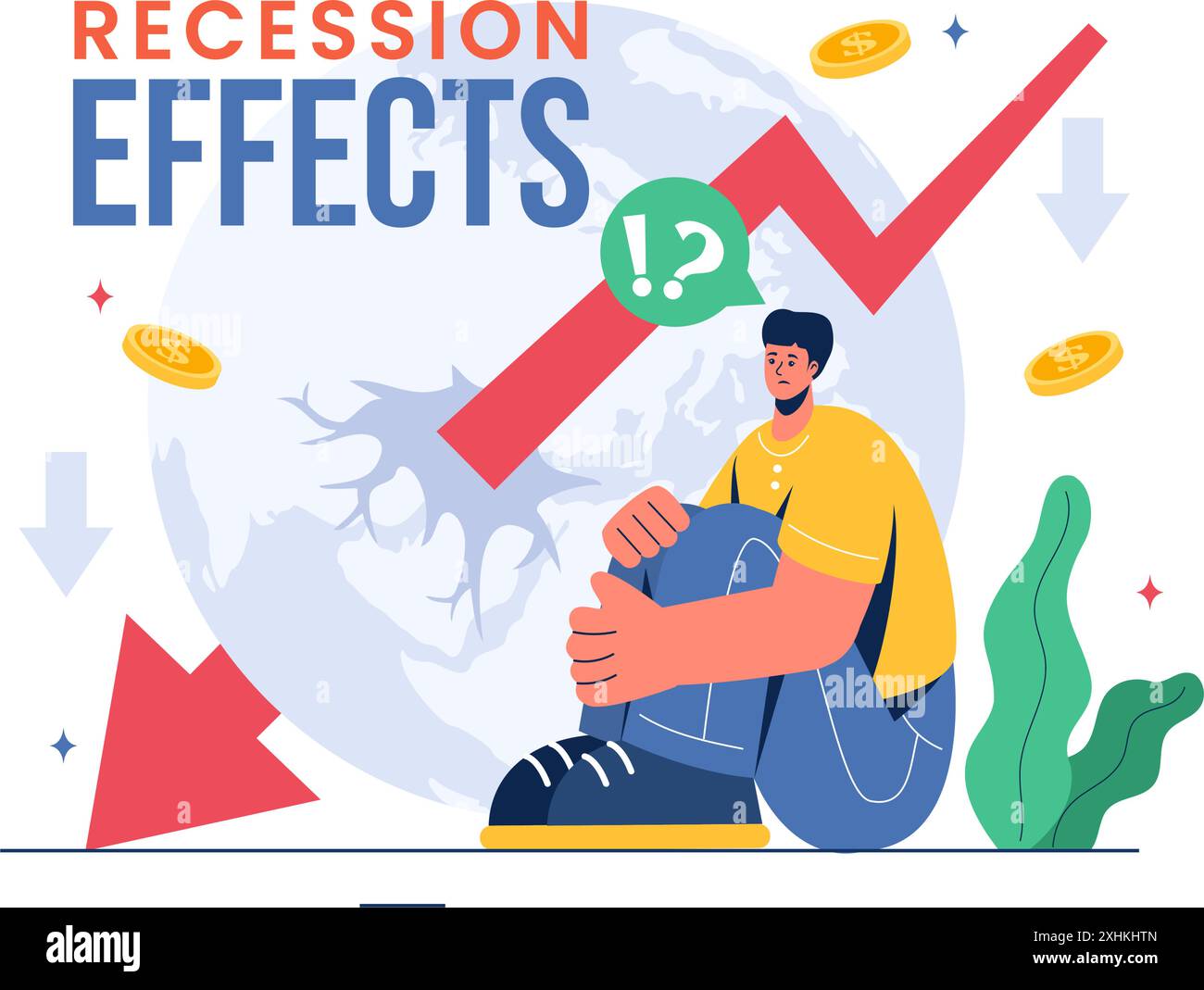 Illustration vectorielle des effets de la récession montrant l'impact sur la croissance économique et le déclin de l'activité économique avec un fond de caricature plat Illustration de Vecteur