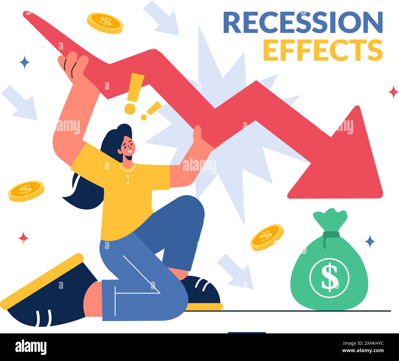 Illustration vectorielle des effets de la récession montrant l'impact sur la croissance économique et le déclin de l'activité économique avec un fond de caricature plat Illustration de Vecteur