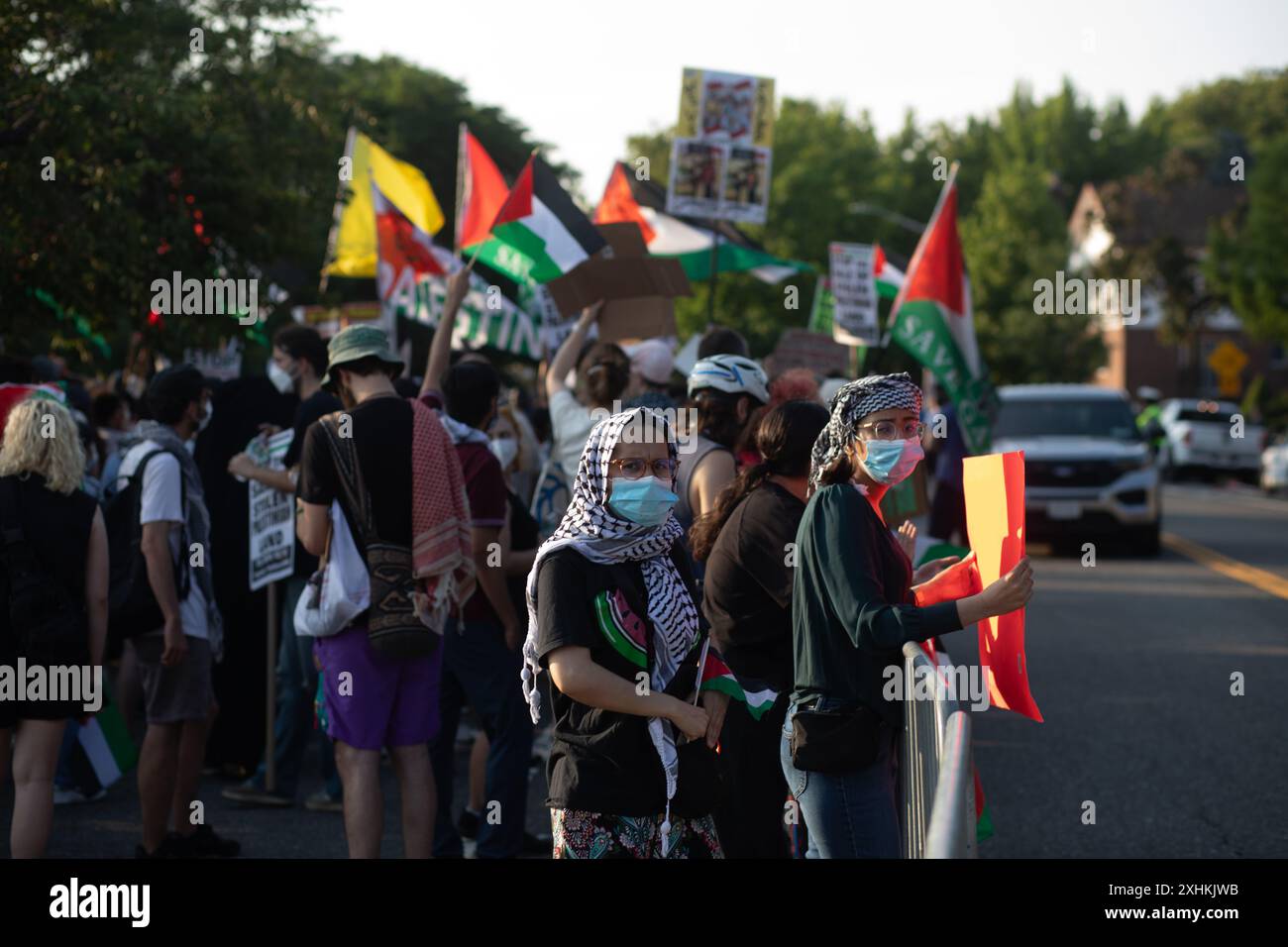 New York, NY. 14 juillet 2024. Des manifestants pro-palestiniens dans les collines de Kew Gardens manifestent devant la vente aux enchères de terres en Palestine pour la colonisation. Crédit : John Garry/Alamy Live News Banque D'Images