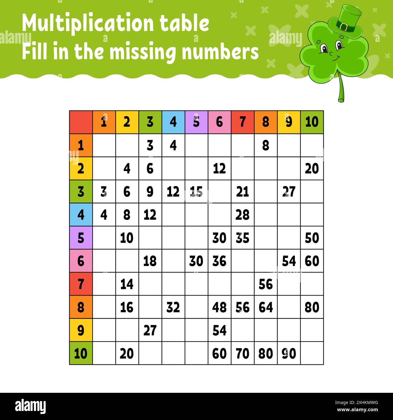 Collez les numéros manquants. Tableau de multiplication d'apprentissage. Pratique de l'écriture manuscrite. Feuille de travail de développement de l'éducation. Page d'activité couleur. Jeu pour enfants Illustration de Vecteur