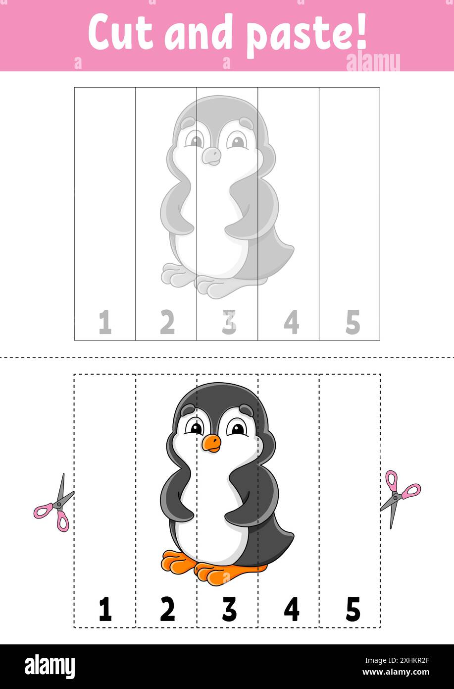 Apprendre les chiffres 1 à 5. Couper et coller. personnage de dessin animé. Feuille de travail de développement de l'éducation. Jeu pour enfants. Page activité. Illustration vectorielle. Illustration de Vecteur