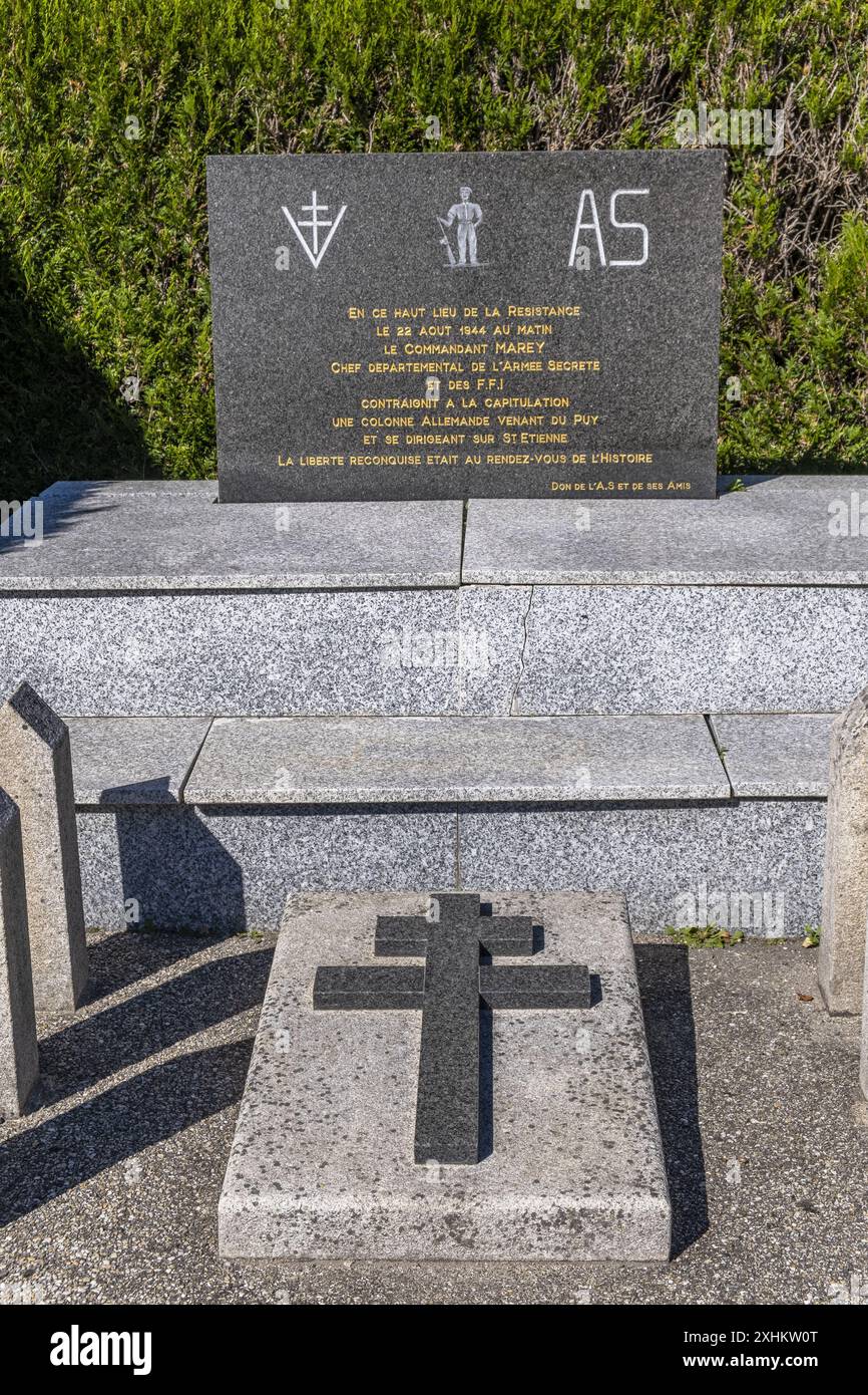 La France, Loire, Estivareilles fut le théâtre de violents combats lors de la libération du Forez en août 1944, mémorial au commandant marey Banque D'Images