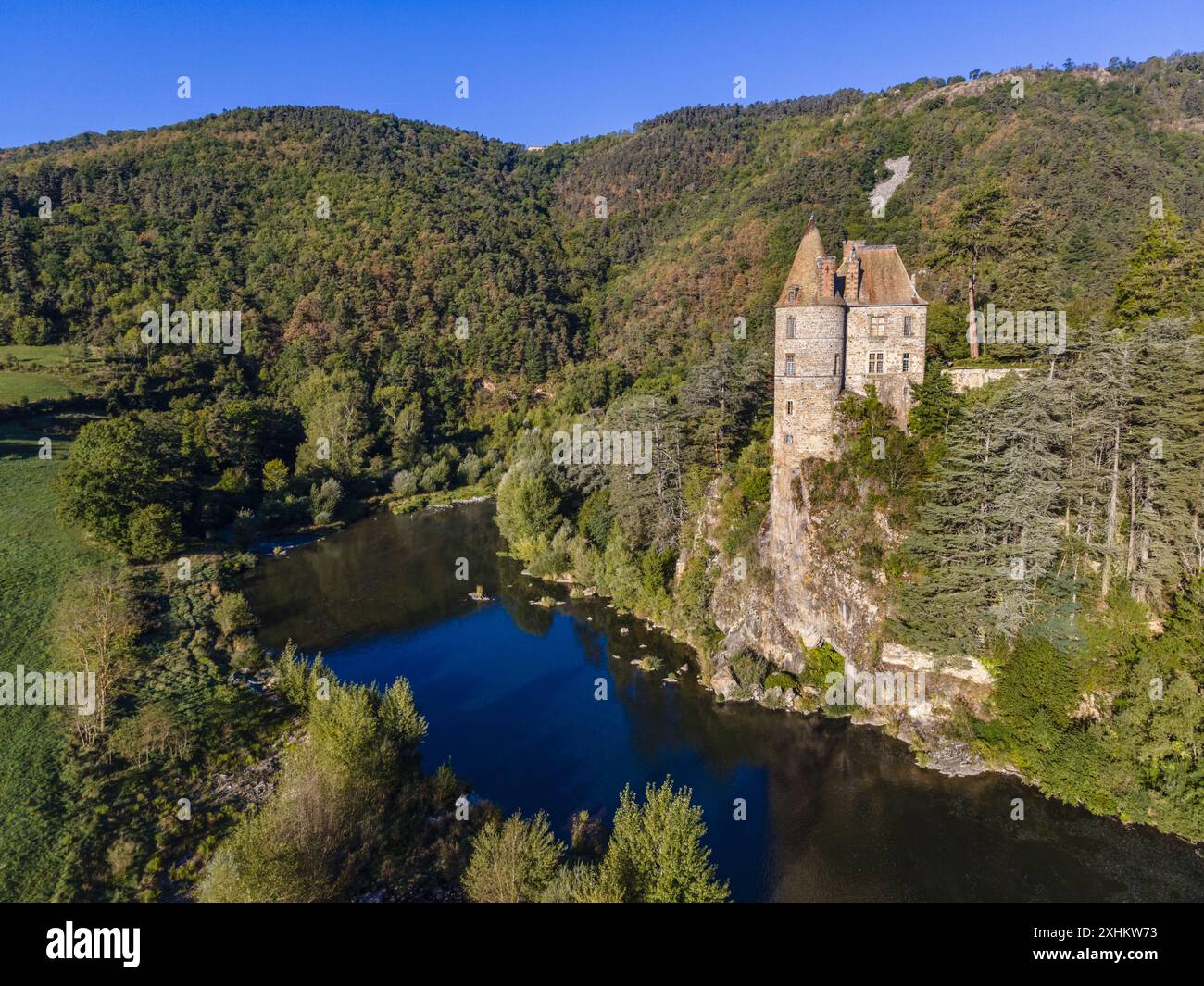 France, haute Loire, Lavoute sur Loire, Château de Lavoûte Polignac, Val de Loire (vue aérienne) Banque D'Images