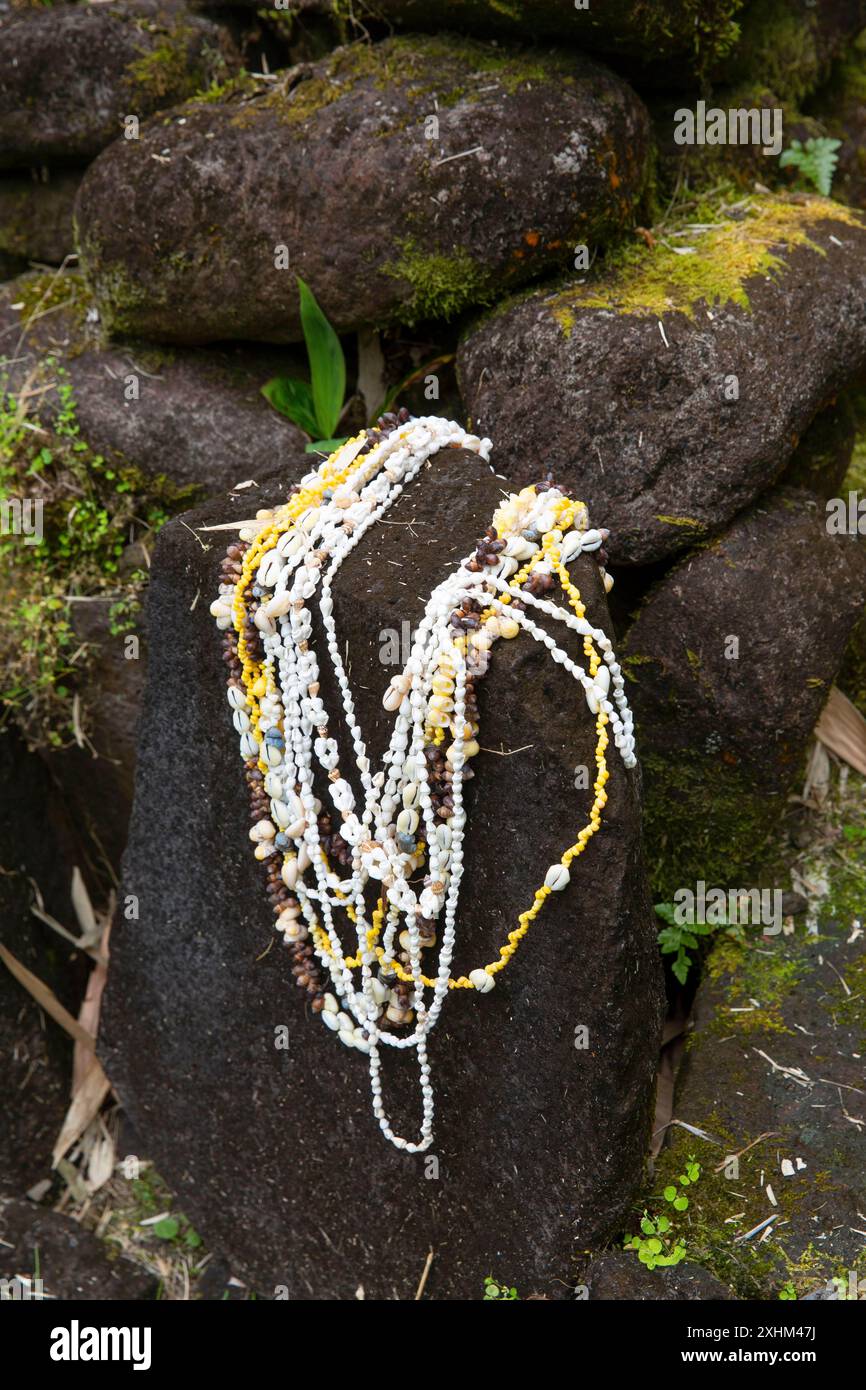 Polynésie française, île de Tahiti, vallée de Papenoo, collier de coquillages posé en offrande sur une pierre volcanique devant un marae de site sacré polynésien Banque D'Images