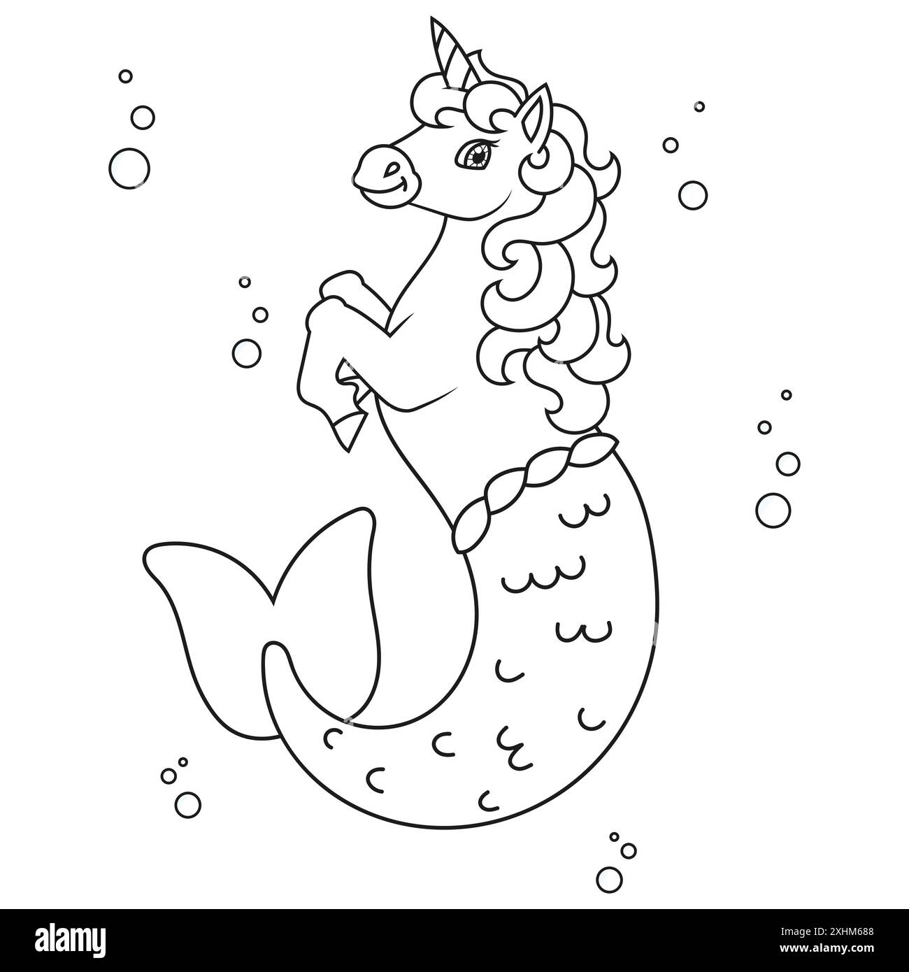 Licorne de sirène mignonne. Cheval de fée magique. Page de livre de coloriage pour les enfants. Style dessin animé. Illustration vectorielle isolée sur fond blanc. Illustration de Vecteur