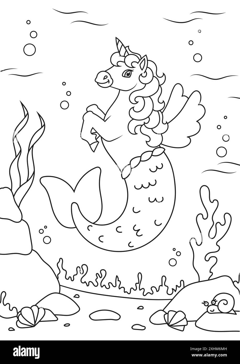 Licorne de sirène mignonne. Cheval de fée magique. Page de livre de coloriage pour les enfants. Style dessin animé. Illustration vectorielle isolée sur fond blanc. Illustration de Vecteur
