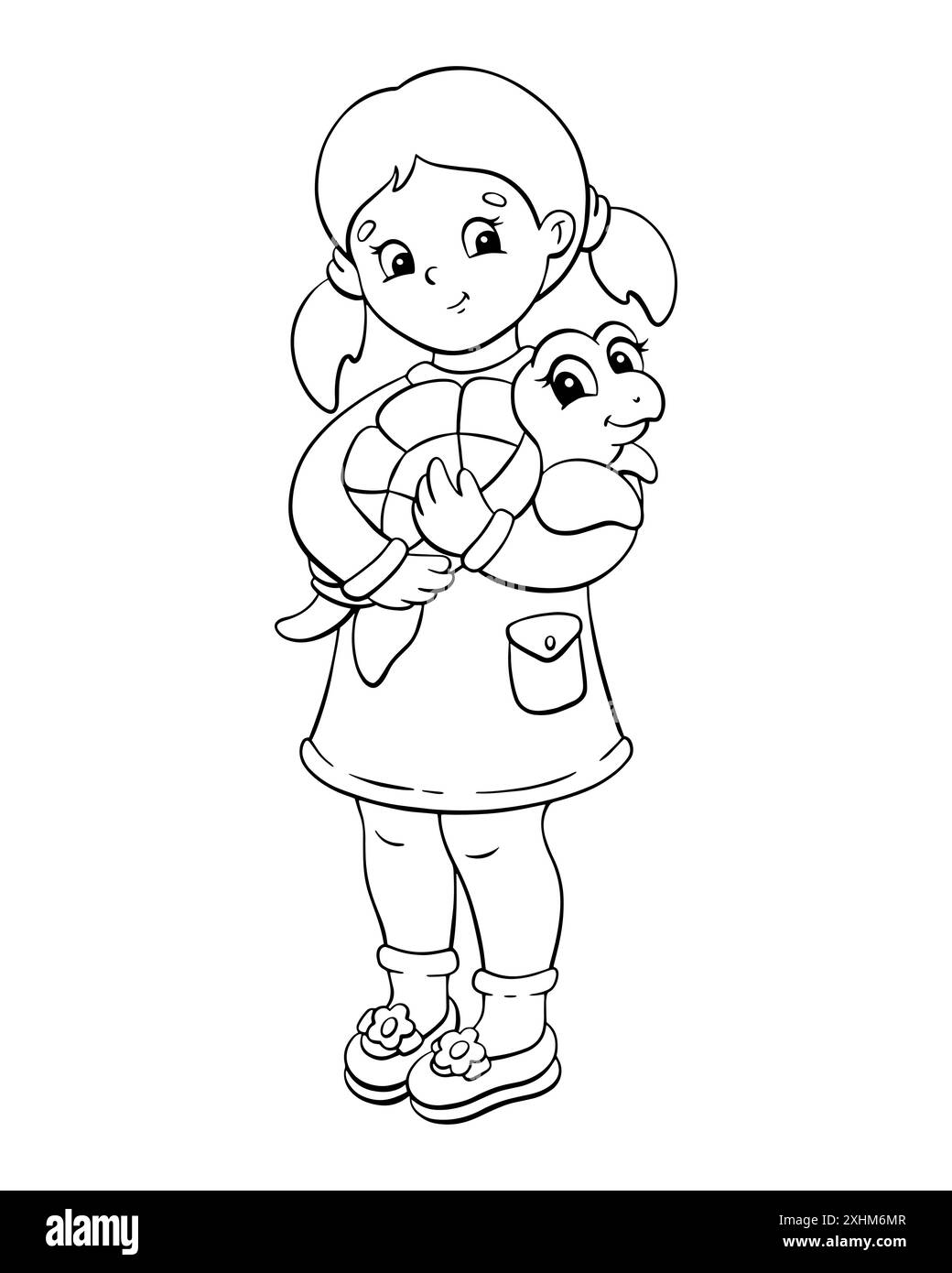 La petite fille mignonne tient une tortue. Coloriage pour les enfants. Timbre numérique. Personnage de style dessin animé. Illustration vectorielle isolée sur fond blanc Illustration de Vecteur