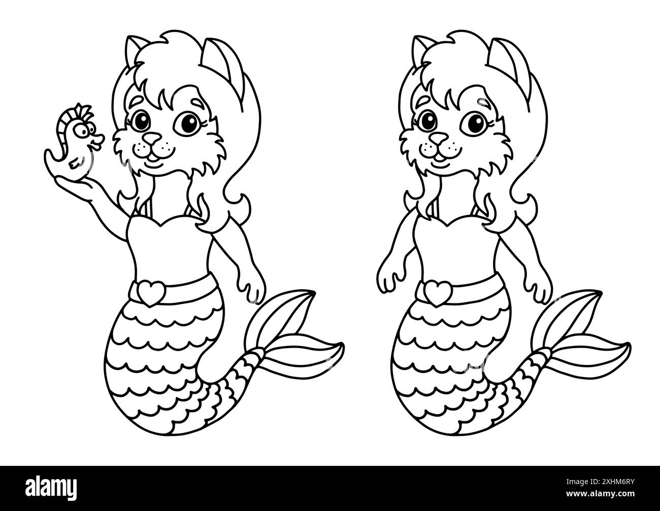 Mignon petit chat sirène. Page de livre de coloriage pour les enfants. Style dessin animé. Illustration vectorielle isolée sur fond blanc. Illustration de Vecteur