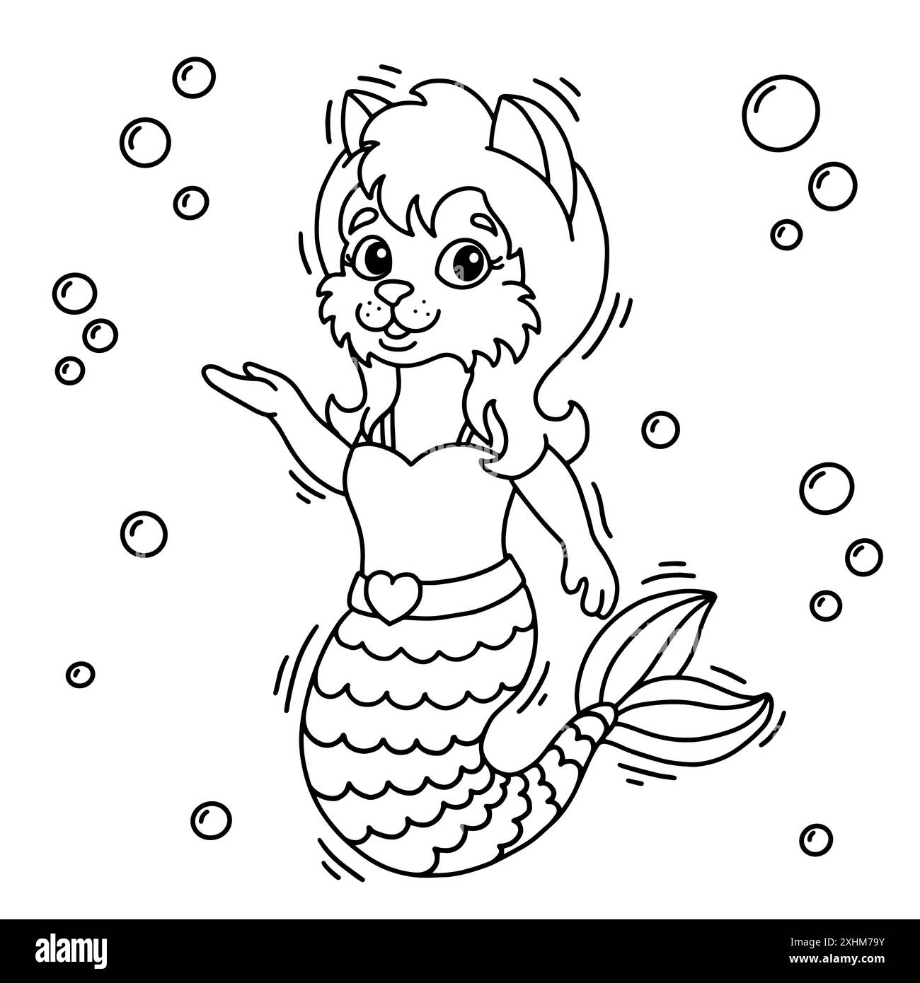 Mignon petit chat sirène. Page de livre de coloriage pour les enfants. Style dessin animé. Illustration vectorielle isolée sur fond blanc. Illustration de Vecteur