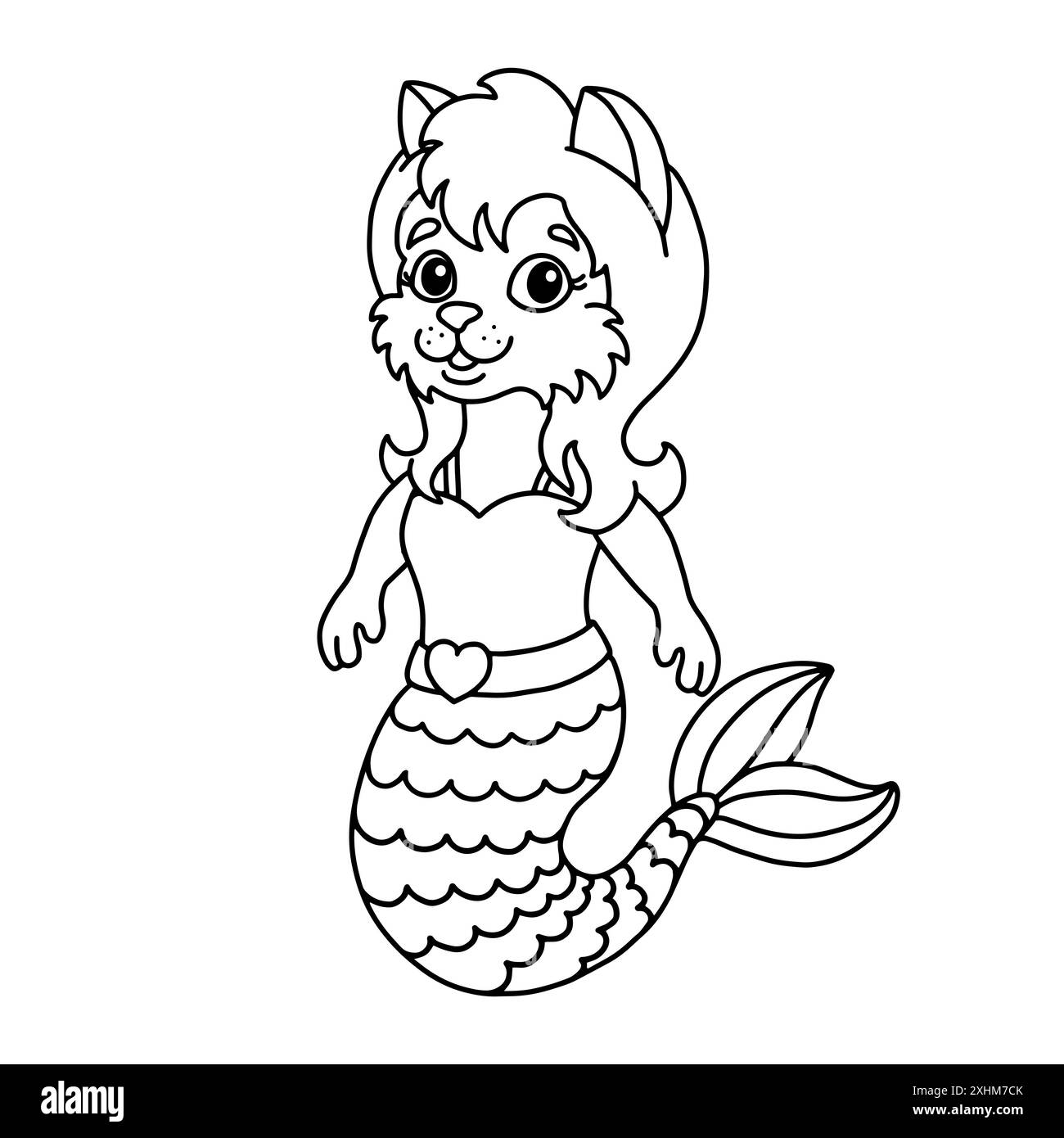 Mignon petit chat sirène. Page de livre de coloriage pour les enfants. Style dessin animé. Illustration vectorielle isolée sur fond blanc. Illustration de Vecteur