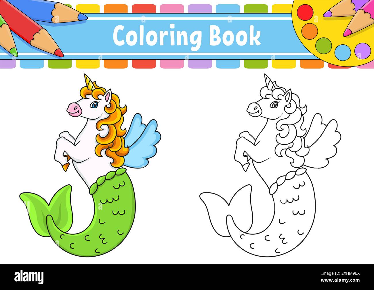 Livre de coloriage pour enfants. Licorne de sirène mignonne. personnage de dessin animé. Illustration vectorielle. Contour noir. Isolé sur fond blanc. Illustration de Vecteur
