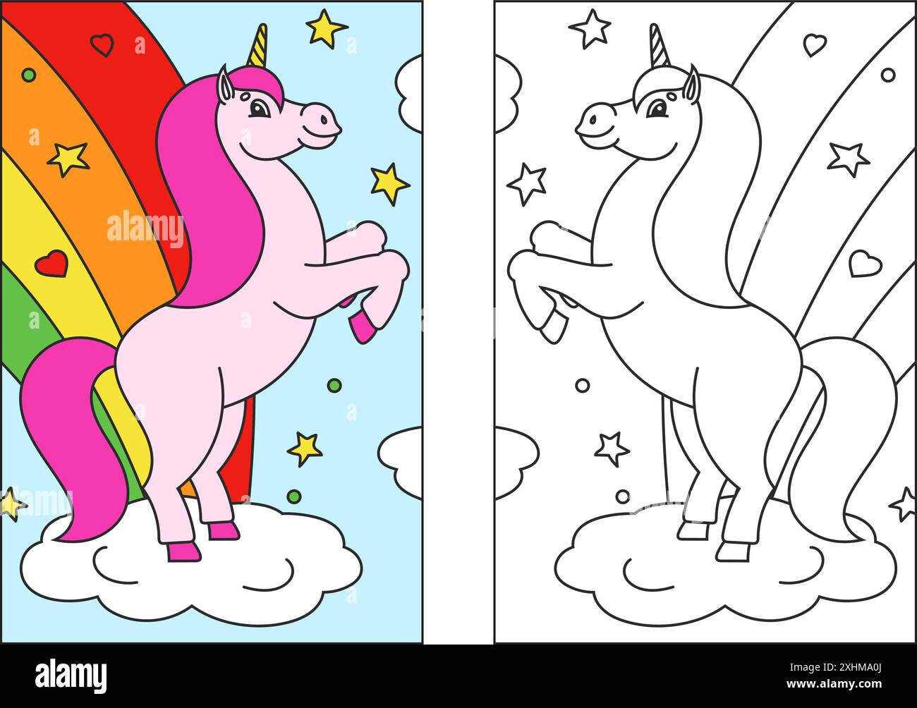 Livre de coloriage pour enfants. La licorne magique s'éleva. Le cheval animal se tient sur ses pattes arrière. Style dessin animé. Illustration vectorielle plate simple. Illustration de Vecteur