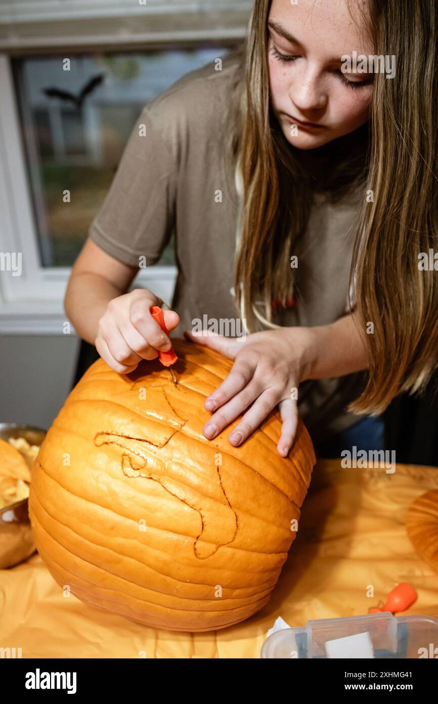Preteen Kid sculptant la silhouette de chien sur la citrouille pour le décor Banque D'Images