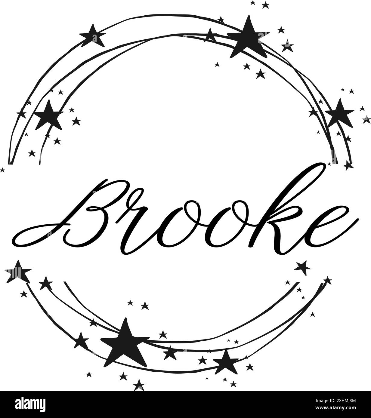 Brooke - nom écrit entre les cercles et les étoiles, logo rond, graphiques vectoriels pour les fêtes et la période de Noël, bannières, cartes, sweat-shirt, impressions, cr Illustration de Vecteur