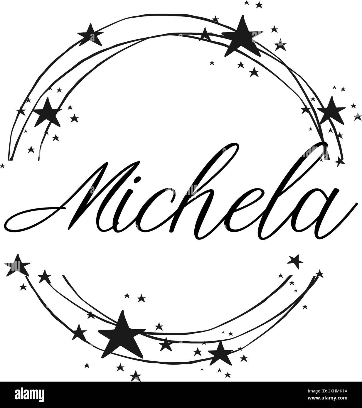 Michela - nom écrit entre les cercles et les étoiles, logo rond, graphiques vectoriels pour les fêtes et la période de Noël, bannières, cartes, sweat-shirt, impressions, cr Illustration de Vecteur