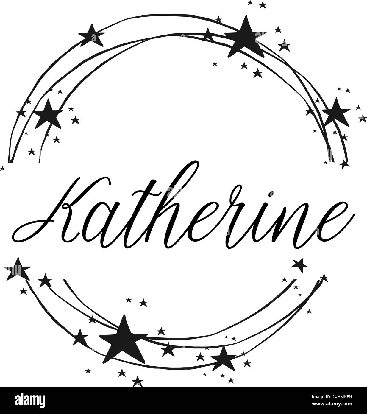 Katherine - nom écrit entre les cercles et les étoiles, logo rond, graphiques vectoriels pour les fêtes et la période de Noël, bannières, cartes, sweat-shirt, impressions Illustration de Vecteur