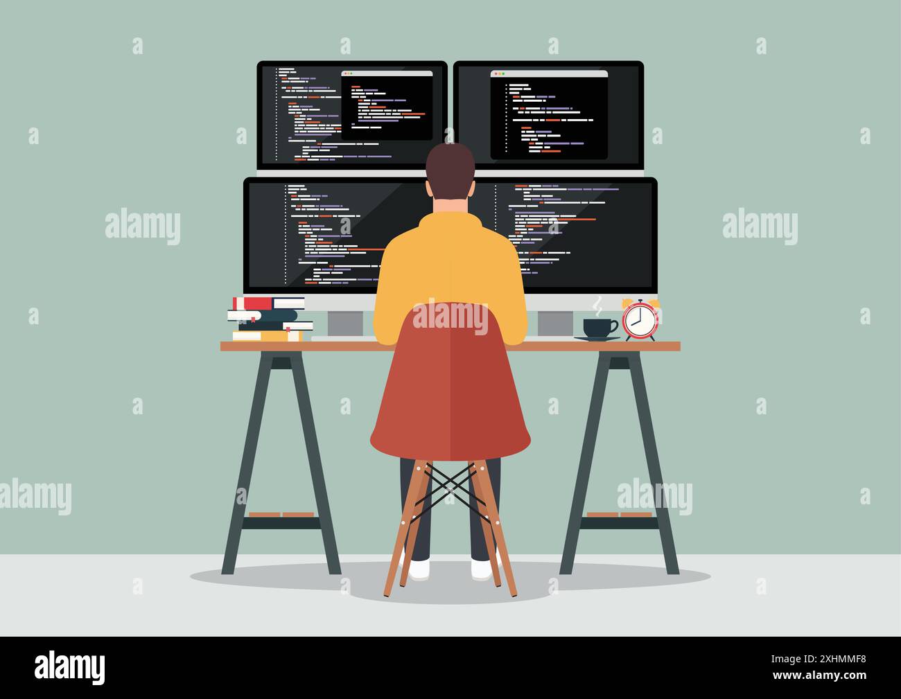 Programmeur travaillant le code d'écriture sur l'ordinateur. lieu de travail de style moderne. Illustration vectorielle Illustration de Vecteur