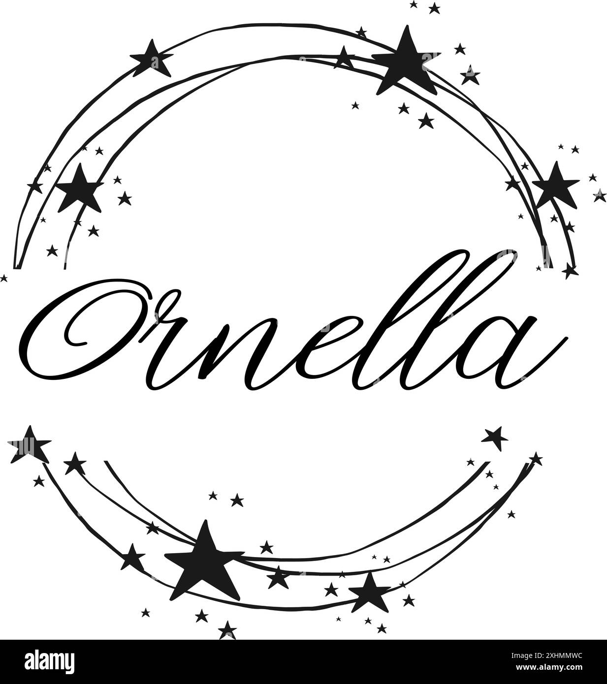 ornella - nom écrit entre les cercles et les étoiles, logo rond, graphiques vectoriels pour les fêtes et la période de Noël, bannières, cartes, sweat-shirt, impressions, Illustration de Vecteur