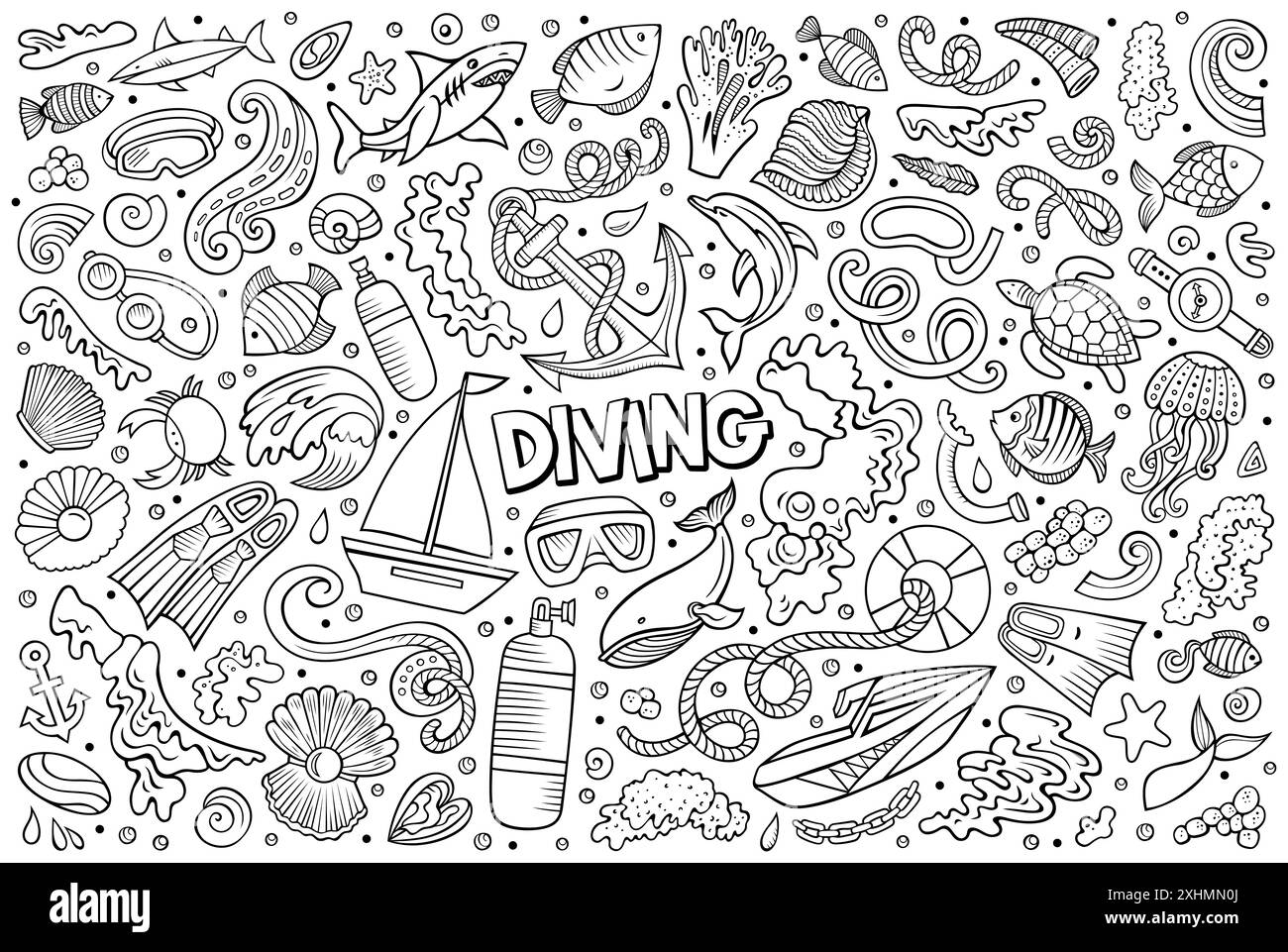 Ensemble de dessins animés d'éléments de thème de plongée, d'objets et de symboles Illustration de Vecteur