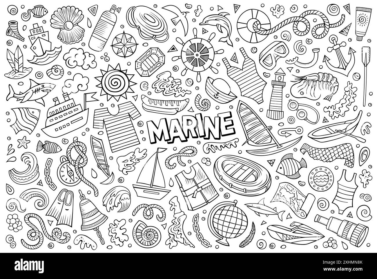 Ensemble de dessins animés à motif caniche comprenant des éléments, des objets et des symboles marins Illustration de Vecteur